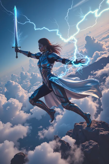 A wind knight practices aerial combat techniques in a sky realm of floating islands. Her armor is made of lightweight metals that shimmer like clouds, while her sword leaves trails of pure wind energy. Magical barriers and floating obstacle courses surround her training ground. Lightning occasionally strikes near her, which she uses to enhance her sword techniques. , detailed background  Fantastic lighting. Detailed shadows.intricate details, vivid colors, hyper-detailed, ultra-sharp, ,   <lora:OBInstant camera portrait photography V2.0:0.4>, <lora:Dark side of light:0.55>, <lora:aidmaFLUXPro1.1-FLUX-v0.3:0.4>, <lora:Glitchcore_Flux:0.7><lora:Real_Aesthetic_Spectrum:0.4>