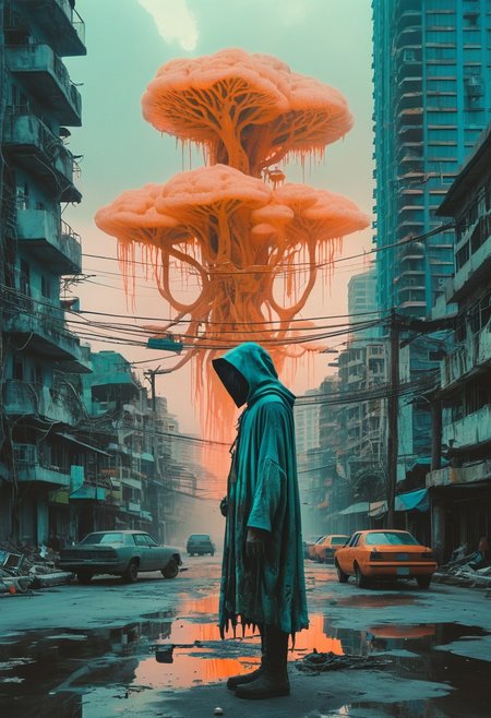 Liminal dreamscape: Cyberpunk Maldives meets wizard's memory, captured on weathered Polaroid film. Dense urban landscape of Malé transforms into living, breathing magical ecosystem. Gnarled branch-wand emerges from neon-drenched skyscrapers, casting ethereal spells that dissolve architectural boundaries.
Januz Miralles-inspired mixed media aesthetic: Organic paint smudges blend with ultra-detailed cybernetic textures. Mysterious young wizard stands at intersection of technology and natural magic, surrounded by spectral creatures merging with architectural forms. Neon lights 
Vintage film texture - Kodachrome meets digital hallucination. Rich orange and deep cybernetic blues create mesmerizing color palette. Vignettes of magical interference interrupt hyper-realistic urban landscape. Film grain
Centered composition revealing impossible transformation: Skyscrapers breathing, streets liquefying, technological infrastructure becoming sentient. Whimsical creatures emerging from infrastructure, blending Wizardcore mysticism with dense urban landscape. 
Cinematic lighting suggesting multiple realities coexisting. Desaturated yet intensely detailed.