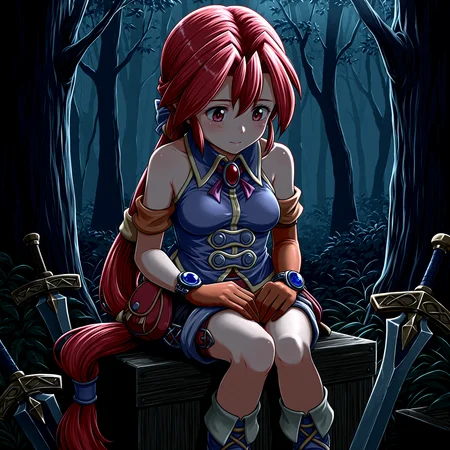 1girl, sitting on wooden box, hands on laps, looking down, broken long sword, gloves,  dark, 
best quality, highres, absurdres, masterpiece, high details, high quality, incredibily absurdres