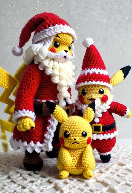 Crocheted Pikachu and Santa