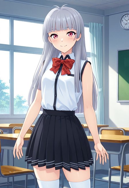 score_9,score_8_up,score_7_up,source_anime,5_figner,2d_animation,game cg,BREAK,1girl,solo,
Asahi,blunt bangs,red eyes,long hair,grey hair,blunt bangs,
school uniform,sleeveless,bowtie,pleated skirt,zettai ryouiki,white thighhighs,sleeveless shirt,
small breasts,blush,smile,
cowboy shot,looking at viewer,front view,
classroom,blackboard,desk,chair,window,curtain,clock,
masterpiece,best qualit,ultra-detailed,illustration,an extremely delicate and beautiful,beautiful detailed eyes,unity 8k wallpaper,high resolution,anime CG,official_art,
