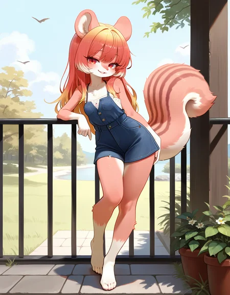masterpiece, best quality, very aesthetic, absurdres,
outdoors,
standing, posing, 
casual, 
full body, seductive smile, parted lips, long eyelashes,
<lora:Namuta_v01_NAIXL:1>
Namuta,1girl,solo,furry,furry female,squirrel girl,squirrel ears,long hair,multicolored hair,red eyes,animal nose,body fur,squirrel tail,