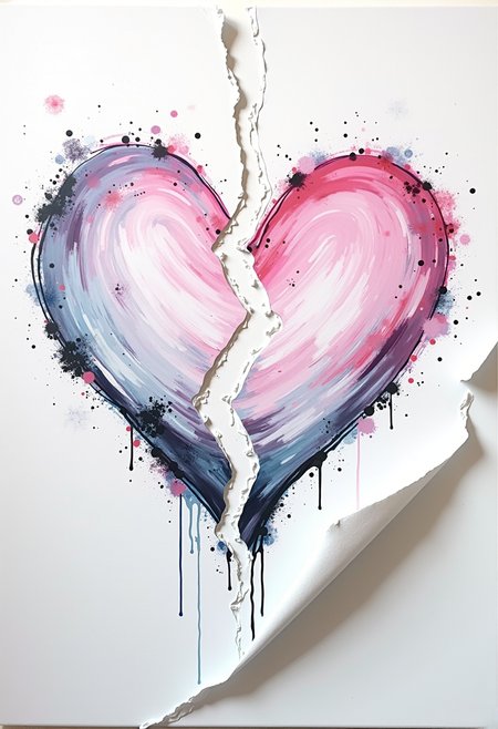 painting of white pink violet black, shape of broken heart, ripped corner of the canvas