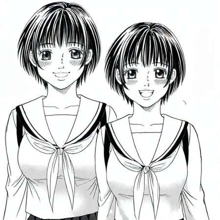 Chisa Hamano, greyscale, monochrome, short hair,  large breasts, serafuku, school uniform, smile, blush