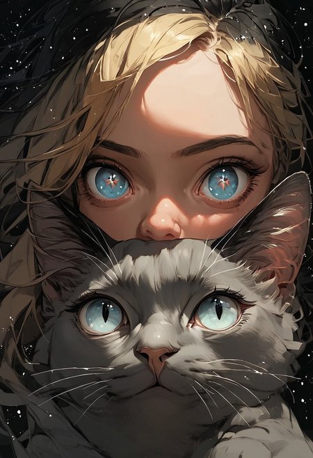 score_9, score_8_up, score_7_up, score_6_up, score_5_up, score_4_up,  girl with a gray cat, (black star:1.2), the girl has dark blonde hair and blue eyes, small eyes, galaxy, black background