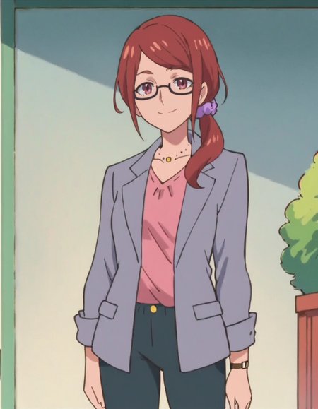 score_9, score_8_up, score_7_up, anime screencap, solo,1girl,nonosumire,  glasses, jewelry, necklace,  pants, jacket, purple scrunchie, semi-rimless eyewear, watch,cowboy shot,medium breasts,wide hip,smile <lora:nonosumire:0.8>