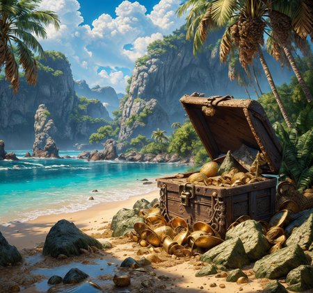 RAW photo, (masterpiece:1.3), subsurface scattering, heavy shadow, (high quality:1.4), (intricate, high detail:1.2), professional photography, HDR, High Dynamic Range, realistic, ultra realistic, photorealistic, high resolution, film photography, ambient lighting, atmospheric effects, <lora:detail_slider_v4:2>, OverallDetail,  sandy beach, cloud, cloudy sky, nature, palm tree, plant, rock, scenery, shore, sky, summer, sunlight, tree, <lora:Beach:1>,  treasure chest with gold, treho, <lora:TreasureHoard:0.6>, epiCPhoto,