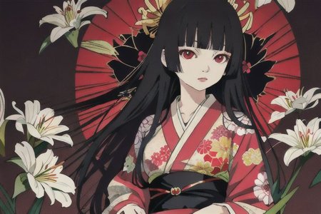 enma ai, hair down, hair black, bangs, eyes red, masterpiece, best quality, ultra-detailed, illustration, 1girl, solo, highres, photorealistic, ultra high res, (Original illustration composition), (fusion of limited color,Maximalism artstyle, kimono fashion, double exposure, background, illustration, Amazing, lily spider