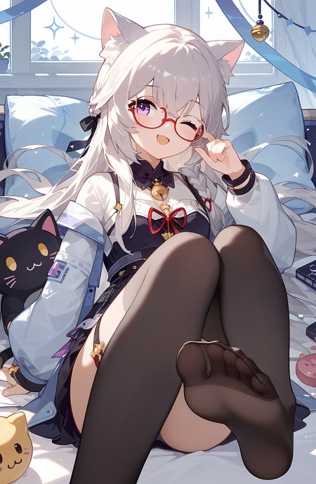 (score_9,score_8_up,score_7_up),<lora:xinhui_(kalabiqiu)_v1:1>,xinhui_(kalabiqiu),1girl,one eye closed,glasses,thighhighs,open mouth,feet,no shoes,smile,soles,solo,looking at viewer,cat ears,long hair,toes,blush,;d,semi-rimless eyewear,stuffed toy,long sleeves,black thighhighs,anime,NSFW,good feet,expressive,