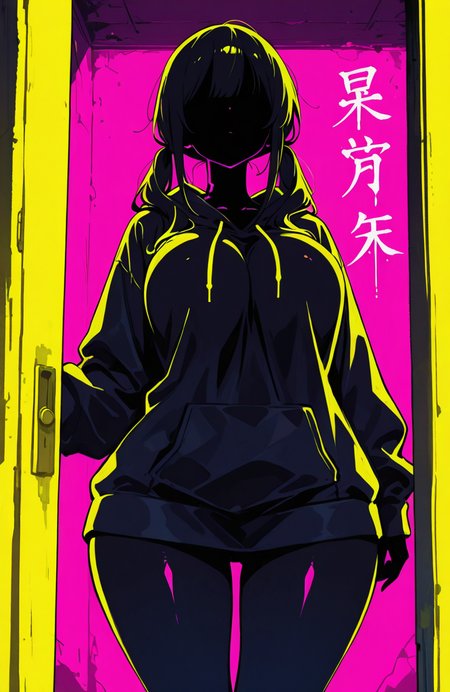 score_9, score_8_up, score_7_up, masterpiece, best quality, very aesthetic, detailed face, (dynamic:1.2), stylized, illustration, dynamic pose, nsfw, girl, small nose, masterpiece, best quality, newest, highres, absurdres, <lora:LeIsT0_style:1>,LeIsT0_illu,Dark anime style,( silhouette of a girl with long twintails, long hair, big breasts, wide hips, hoodie:1.2), (yellow doorway:1.2), (pink walls with Japanese text:1.1), eerie atmosphere, (high contrast:1.2), cyberpunk aesthetics, neon lights, mysterious, foreboding, digital art, 2D illustration, dramatic lighting, moody color palette <lora:ck-shadow-circuit-IL:0.4> in the style of ckscâââ