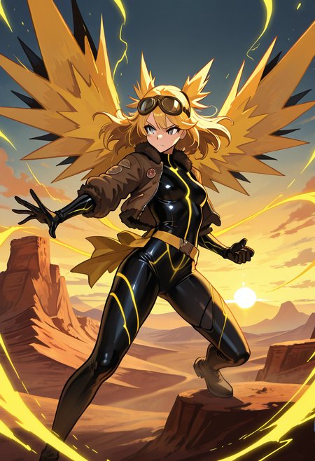 masterpiece, best quality, 1girl, solo,     zzZapdos,   feathery bomber jacket, black mesh bodysuit, yellow sash belt, thigh-high boots, aviator goggles, desert cliffs, sunrise, wind-blown hair, power stance, warm light â At the edge of the canyon cliffs, she stands unshaken against the rising sun, wind lifting the hem of her feathery bomber jacket. Beneath it, a black mesh bodysuit clings to her frame, accented with a bright yellow sash belt that crackles faintly with static. Her thigh-high boots stomp dust into the earth, and aviator goggles rest atop her wind-tousled hair. She raises one hand skyward, summoning electric threads that twist through the morning sky, her stance solid and proud like the Zapdos spirit flowing through her.   ,,<lora:ZapdosPokedex_IXL_v1:0.8>,