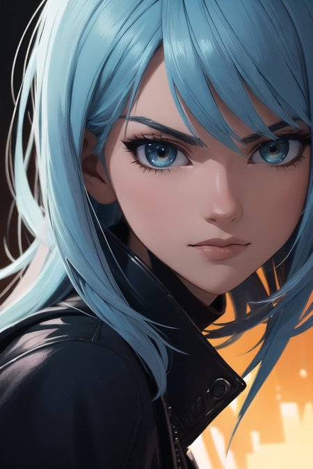 full shot of rimuru tempest, sky blue straight hair, long bangs, with amber eyes, wearing a fancy black jacket, high collar, ultra detailed, brush strokes, digital painting, cinematic, wlop artstation, closeup, pixiv, intense, intimidating glare, photorealistic, overpowering, makoto shinkai, rossdraws, andy warhol