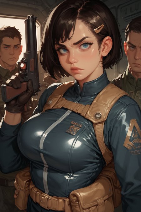 weapon, gun, breasts, blue eyes, 1girl, handgun, large breasts, short hair, holding weapon, holding gun, looking at viewer, hairclip, hair ornament, black hair, holding solo focus, bodysuit, pouch, aiming, serious, multiple boys, 2boys, belt pouch, armor, nose, indoors, upper body, closed mouth, gloves, holster, brown hair, uniform, science fiction, 1boy,, zPDXL3, detailxl,  Score_PnyReal, (lineless:1.5)
