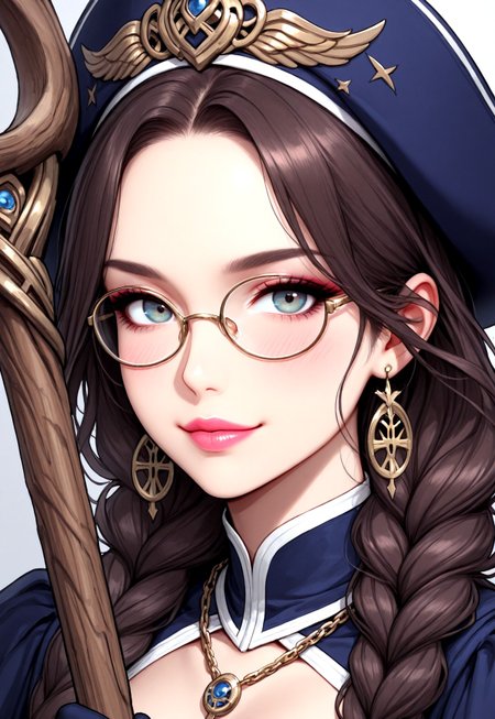 (masterpiece), (beautiful), (high detail), (gorgeous), (alluring), (high quality), (4k), (high res), (high resolution), Cute, 1girl, solo, long hair, looking at viewer, portrait, devious grin, makeup, pink lipstick, lip gloss, blush, mascara, eyelashes, eyeliner,( winged eyeliner:1.2), purple irises, Witch, victorian clothing, victorian style, ceremonial,( bangs:1.2), long hair, brown hair, braided hair, gloves, hat, fitted bodice, short skirt, pale blue skirt, (white trim on skirt:1.3), corset, dark blue cape, detached sleeves, puffy sleeves, gold wrist guards, choker with pendant, long necklace, silver chain necklace, thigh socks, cuff at top of thigh socks, high heel boots, jewellery, round glasses,( holding twisted wooden staff:1.3), gold details throughout attire 

W1tchyC0ttagec0re