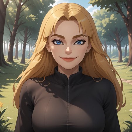 score_9, score_8, BREAK, solo, mii, wii, wii sports resort, 1girl, female mii, cute, blonde hair, long hair, dark blonde eyebrows, black eyeshadow, blue eyes, lips, wide lips, black clothing, black pants, shoes, big breasts, Gabi_(\Wii_Sports_Resort\), white skin, Nintendo Mii, modern_mii, classic_mii, sexy pose, self portrait, smile, outdoors, sunlight, shadows, evening lighting, natural lighting, forest, trees, grass, orange sky, sunset