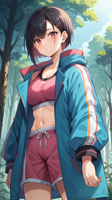 score_9,score_8_up,score_7_up,score_6_up, source_anime, zPDXL, <lora:xl_more_art-full_v1:0.5>, girl, dynamic pose,  <lora:Mikazuki Shizuka - Pony-000003:0.7>, short hair, black hair, pink eyes, pink sports bra, pink shorts, colorful blue jacket, oversized jacket, hairclip, bangs, arching her back, outdoors, forest, trees, dense vegetation, vines, forest path,