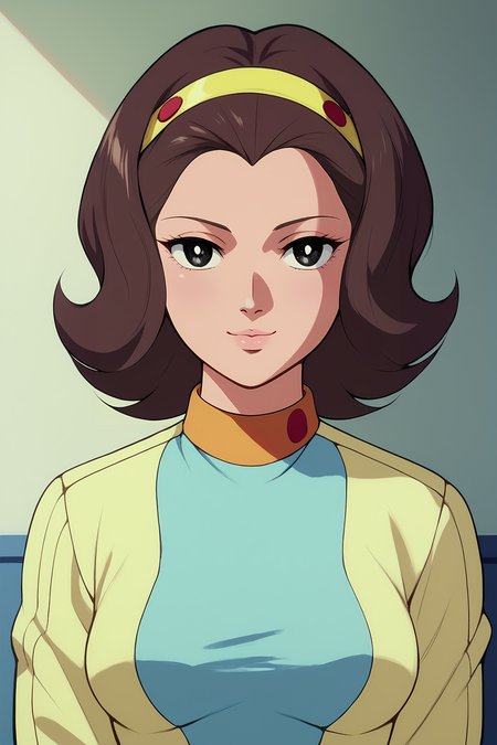 score_9, score_8_up, score_7_up, score_6_up, BREAK, MiwaUzukiKJXL, 1980s (style), black eyes, brown hair, short hair, yellow hairband, forehead, medium breasts, yellow dress, blue dress, two-tone dress, solo, front view, (portrait, upper body:1.1), solo focus, seductive smile, looking at viewer, indoors <lora:MiwaUzukiKJXL:1>