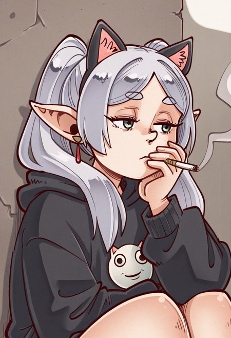 41b0style,   masterpiece, best quality, solo,                                                                                                                                                                    frieren, sousou no frieren, twintails, green eyes, depressed,  black hoodie with cat ears and googly eyes, eyes half closed, smoking a cigarette, sitting against a wall