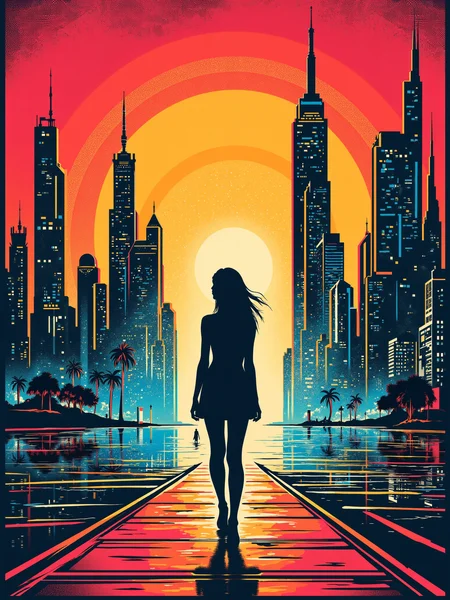 woman standing in a futuristic cityscape, colored panels, flat colors,  mad-stncl <lora:Stencil_Art_FLUX:0.5>, (masterpiece:1.2), best quality