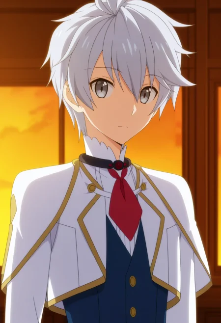 masterpiece, best quality, , anime screencap, anime coloring, official style, looking at viewer, 1boy, solo, male focus, <lora:lux_arcadia_ilxl:0.9>, lux_arcadia, grey hair, grey eyes, short hair, hair between eyes, school uniform, red ribbon, capelet, , , tam