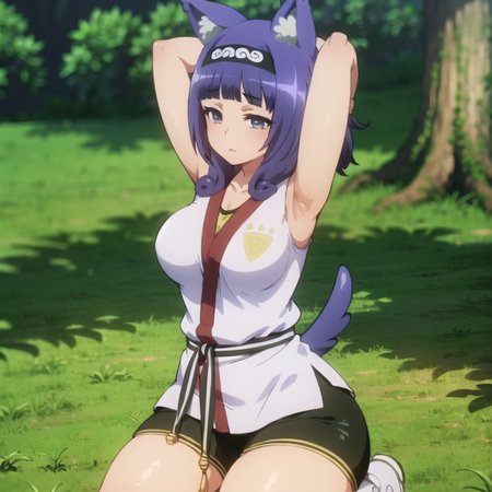 beautiful, masterpiece, best quality, extremely detailed face, perfect lighting, 1girl, solo,  <lora:HitamuKyan:0.95>, hitamukyan, hairband, shirt, bike shorts, black belt, kneeling,  arms up, armpits