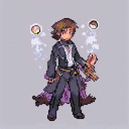 of a man wearing a black coat with a white shirt on his shoulders holding a cherish ball make his skin a brown more like caramel, a night sky lustrious black hair plus a brown eyes, brown skin  color, as dark as possible same for his hair, make him look as powerful as a member of the elite 4 
 <lora:pk_trainer_xl_v1-1:1>
 simple background