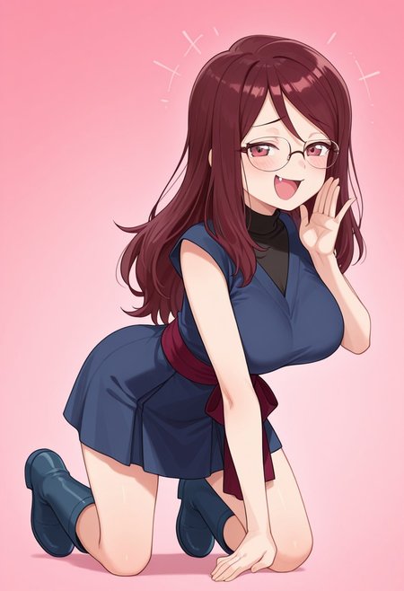<lora:mesugaki_Illust_v1:0.8> 1girl, solo, full body, trainerrissy, auburn hair, long hair, auburn eyes, large breasts, glasses, rissyoutfit, dark blue sleeveless dress, v-neck dress, black turtleneck, short skirt, layered clothing, pink obi sash, dark blue boots, all fours, mesugaki, smug, smile, laughing, looking at viewer, blush, hand up, rear view