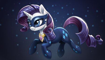 score_9,score_8_up,score_7_up,score_6_up,score_5_up,score_4_up,my little pony,((feral pony)),1girl,((solo)),(sexy),beautifully detailed,(detailed cute pony face),((detailed blue starry background:1.5)),((woman)),high angle,(cute smile:1),((up-close))  1girl,((solo)),(sexy),full body,<lora:radiance:0.9>,blue suit with blue stones,eye mask,tail and mane decorated with purple stones,Rarity,
<lora:OtherStyle_01:1>,<lora:Wholesome_MLP-v1.0:1>,