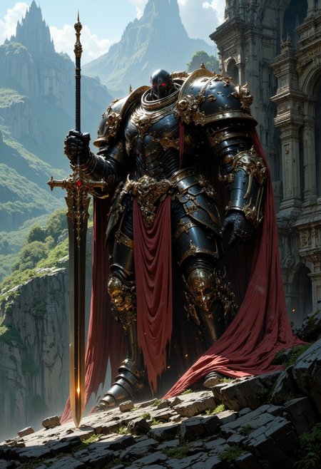 A highly detailed photographic illustration capturing a massive, intricately armored knight in a lush, green valley. The knight is clad in black, metallic armor with sharp, jagged edges, and a flowing, crimson-red cape. The knight holds a massive, black long sword in its right hand, which emits a faint yellow light from it´s center . The background features a stone balustrade and greenery under a clear sky. The image has a very high aesthetic quality, showcasing impressive craftsmanship and dramatic lighting. The camera angle is low, emphasizing the knight's imposing presence. Finest details, ultimate detail level, masterpiece, highly artistic, best composition.