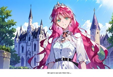 score_9, score_8_up, score_7_up, score_6_up, source webtoon, webtoon, best quality, (masterpiece), soft body, official art, [illustration], realistic, vibrant colors, saturation, detailed, detailed background, BREAK PenelopeEckhart, ice blue eyes, pink hair, long hair, medium breasts, outdoors, castle, palace, white dress, black belt, tiara,