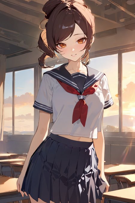 masterpiece, best quality, perfect features, intricate details, ray tracing, newest,(hitenkei, askzy:0.4), 1girl, chiori \(genshin impact\), school uniform, serafuku, cowboy shot, sunbeam, sunset, classroom, indoors, window, light smile, blush, looking at viewer, depth of field <lora:Char-Genshin-Chiori-XL-V1:0.9>  <lora:EnvyBetterHiresFixXL01:0:hr=1>