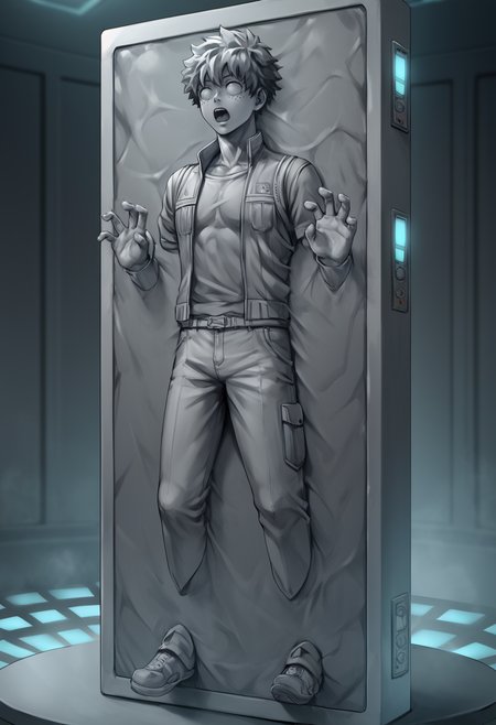 score_9,score_8_up,score_7_up,source_anime,carbon freeze,1boy,solo,open mouth,male focus,indoors,restrained,science fiction,cyberpunk,machine,machine rough,character rough,calves stuck,feet stuck,controller,(solid eyes:1.2),arms stuck,hands up,open hands,<lora:Carbonite_V1-1_pony-000010:1>,midoriya_izuku,carbon freeze chamber,shirt,pants,grey skin,grey theme,grey hair,shoes,