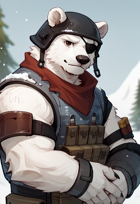 score_9, score_8_up, score_7_up, depth of field, by overcyan, best quality, high res, p0l4r_p4tr011er, fortnite, <lora:Polar_Patroller_Fortnite:1>, <lora:add-detail-xl:1>, <lora:OverCyan_style:1>, BREAK
furry, solo, 1boy, white body, muscular, brown eyes, eyepatch, helmet, looking at viewer, snowy background
