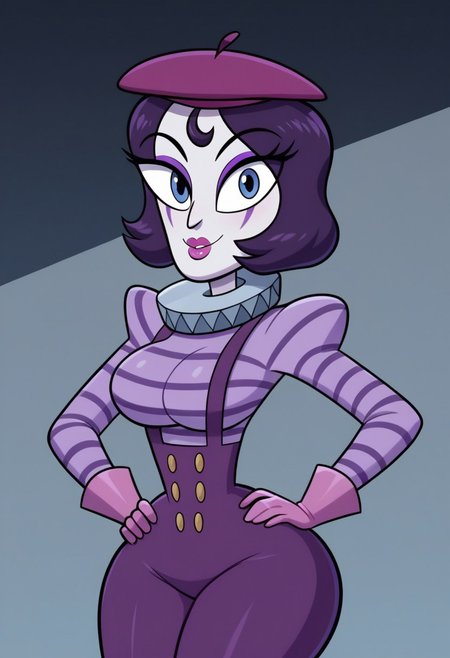 ((bedroom background)),score_9, score_8_up, score_7_up,score_6_up, source_cartoon
1girl, Solo, Mimegirl_Svtfoe, white face paint, pale cream skin, grayish blue eyes, dark purple hair, short bob haircut, purple eyeliner, purple eyeshadow, pink lipstick, purple beret, purple striped lilac shirt with a ruffled collar, pink gloves, purple suspenders with four gold buttons, dark purple knee-high boots, big eyes, big breasts, social smile, narrow waist, huge hips, huge thighs, big ass, big eyes, perfect lips, open eyes, perfect smile, cowboyshot, perfect eyes, perfect face, medium stature, looking at viewer, hands on hips
