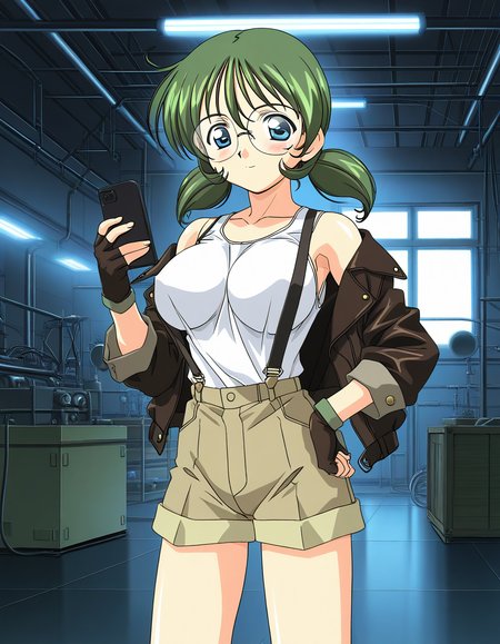 general,highres, ultra-detailed,very aesthetic,best quality ,best hands,  BREAK <lora:Sakurako_Spiral_NAMI_IS:1> 2000s \(style\),anime coloring,
Sakurako, solo, glasses, green hair, blue eyes, twintails, short hair, large breasts, gloves, shorts, fingerless gloves, tank top, phone, jacket, suspenders, factory, room,
Show less