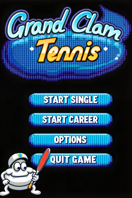 a title screen of a computer game called "Grand Clam Tennis". A clam playing tennis is pictured. In the bottom there is a button captioned "START SINGLE" below it there is a button captioned "START CAREER" and below it there is a button captioned "OPTIONS" and below it there is a button captioned  "QUIT GAME" and below that there is a clam holding a tennis racket.