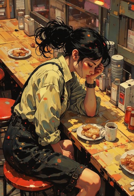 Anime-inspired artwork, melancholic young woman sitting at a counter in a diner, upper body slouched forward, head resting on her left arm, holding a white coffee mug loosely in her right hand, arm extended outward, soft expression of exhaustion, black messy hair tied in a loose low ponytail with a single red hairpin, wearing an oversized cream-colored shirt with rolled-up sleeves and black suspenders, slightly hunched posture, viewed from an overhead diagonal perspective. The wooden counter occupies the bottom half of the frame, with her body positioned slightly off-center to the right. Blurred background with red circular stools and faint outlines of a plate with food and a drink in soft pastel tones. Warm, diffused lighting casting gentle shadows, soft painterly brush strokes, muted color palette, intimate and reflective atmosphere.