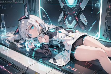 (masterpiece), (science fiction:1.4), 1girl, lying on the back on a mirror, lying on the back on a mirror, lying on the back on a mirror, smile, silver hair, aqua eyes, headgear, long sleeves, detached sleeves, glowing energy clothing, light particles, energy particles, perfect hands, perfect legs