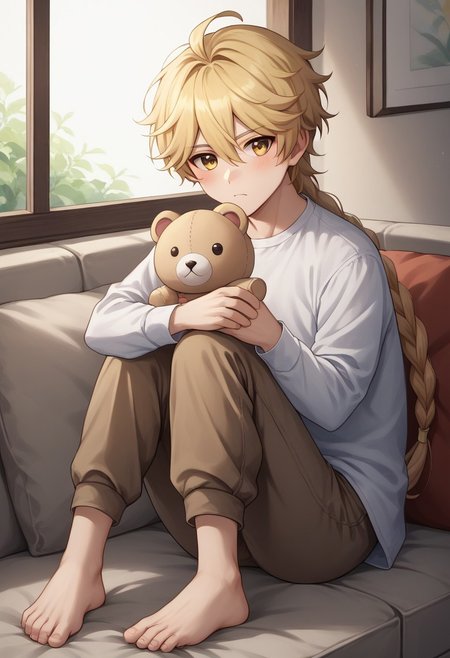 score_9, score_8_up, score_7_up, source_anime, highly detailed, 
traveler, 1boy, male focus, blonde hair, braid, long hair, yellow eyes, barefoot, solo, long sleeves, single braid, bangs, shirt, feet, sitting, hair between eyes, looking at viewer, stuffed animal, blush, frown, holding stuffed animal, pants, cute,
indoor, couch, oriental,
