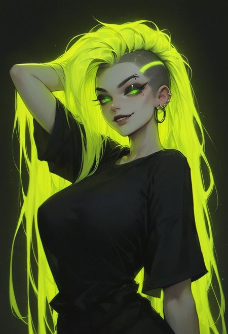 score_9, score_8_up, score_7_up, masterpiece, best quality, highly detailed, 1girl, pale skin, green eyes, thick black eyelashes, black eyeliner, dark eyeshadow, neon green hair, long hair, mohawk, big breasts, oversized black t-shirt, ear piercings, looking at the viewer, bedroom eyes, seductive smile, g0thicPXL, glowing hair, glowing eyes, neon, arm behind head, arched back, dark background, cowboy shot, thick white character outline