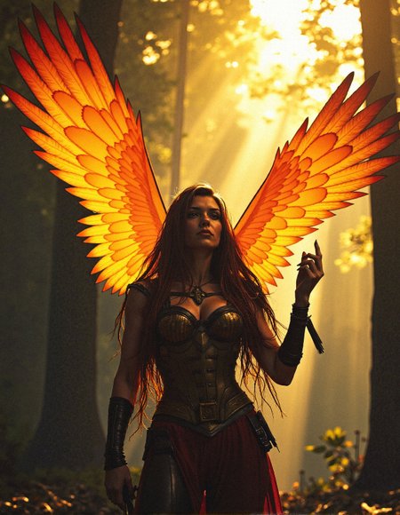 A fierce warrior woman standing tall in a dense forest bathed in golden sunlight, wearing a battle-worn leather corset and armor adorned with tribal details and golden accents. Her fiery, vibrant orange wings spread wide, feathers shimmering with deep gradients of red and yellow. Her hair is intricately braided, framing a face filled with determination and pride, gazing upward as if ready for battle. Her right hand raised, fingers poised with commanding elegance, while the other rests on her waist. Sunlight filters through the trees, casting intricate patterns of light and shadow. The atmosphere is warm and majestic, emphasizing the ethereal power of the scene, captured with a cinematic focus.
 <lora:FluxDFaeTasticDetails:0.3> <lora:Comic_Style_-_FLUX:0.7000000000000001>