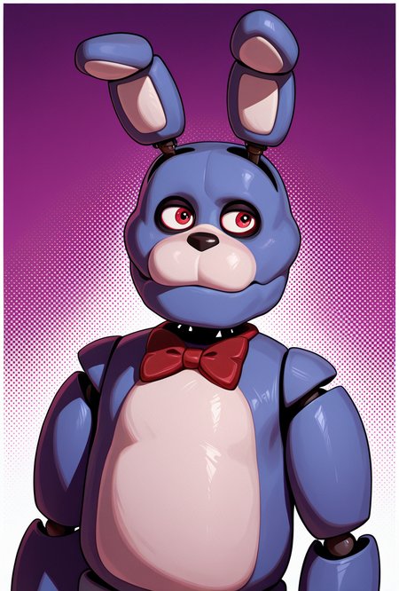 <lora:bonnie-10:1> bonnie, rabbit ears, red bowtie, red eyes, 1boy, joints, animatronic, smile, closed mouth,  purple background,, masterpiece, best quality, amazing quality, very aesthetic, absurdres, newest,, upper body, halftone effect, white borders, abstract background:1.2,