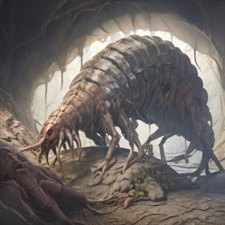 realistic, Dark Fantasy page, Inside a crypt. sluggirl woman,, stone, giant centipede, living mnoster made of stone,