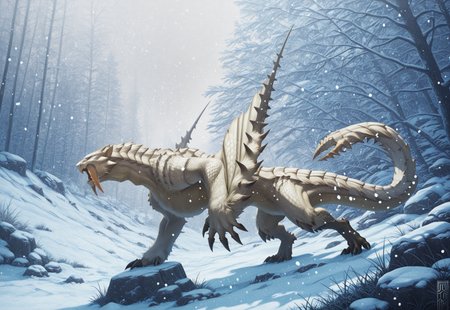 Graphic Design, color art, vibrant colors, colorful, intricate details, high contrast, detailed background, beautiful detailed, beautiful face, detailed eyes, detailed face, new, b4r10th, dragon, blue eyes, white scales, sharp teeth, fangs, claws, wings, winged arms, tail, no humans, nature, winter, snow, rock, snowing, dynamic pose, outdoors, grass, open mouth, teeth, from side, (masterpiece, best quality, newest, recent, absurdres),