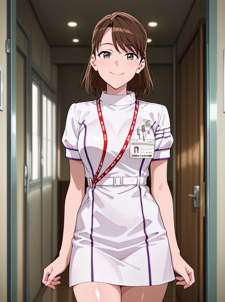 masterpiece, best quality, amazing quality, very aesthetic, absurdres, newest,shiny skin anime screenshot,  anime coloring,     <lora:PoppyIllust:1>1girl, solo, brown hair,  karinoasuna,brown_hair, short hair, nurse, id card brown_eyes smile looking at viewer,