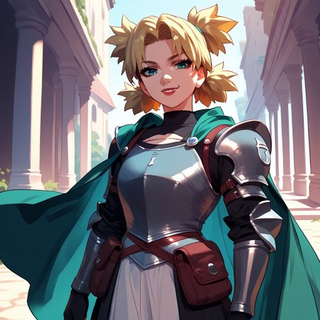 zPDXL3, score_9_up, score_8_up, score_7_up, (Anime_source), 1girl, standing, looking at viewer, smiling, tmri, blonde hair, short hair, teal eyes, lipstick, leather armor, green cape, shoulder armor