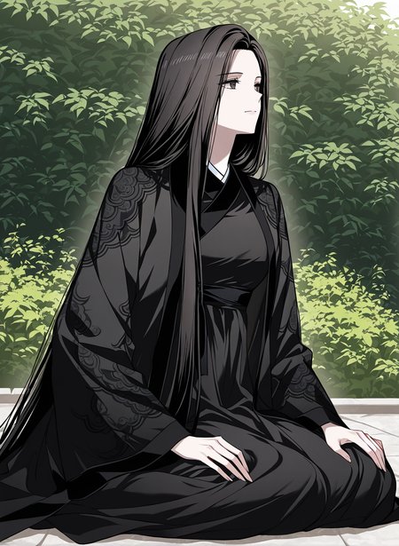 <lora:Seo_Baek_Hyang__SSS_Class_Suicide_Hunter__Illustrious:1>
1 girl, solo, black hair, long hair, straight hair,
black hanfu, long flowing robe, embroidered sleeves, wide sleeves, layered dress, sash belt,
score_9, score_8_up, score_7_up, masterpiece, best quality, absurdres, perfect anatomy, 1girl, solo, wariza, sitting, hands on own knees, garden background