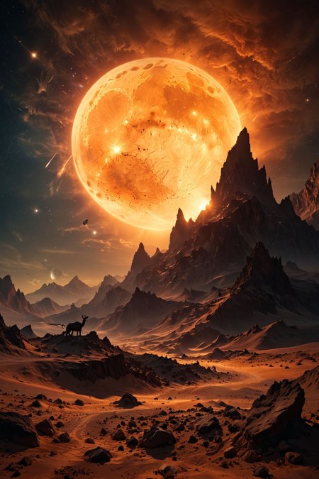 "A surreal moonscape, where jagged peaks rise from a barren expanse of dust, and strange, otherworldly creatures prowl beneath a sky ablaze with stars." 
masterpiece, absurdres, highres, insane quality
 <lora:MJ52:0.3>    <lora:zavy-mthcl-sdxl:0.5> <lora:WildcardX-XL-Detail-Enhancer:0.8>  <lora:dvr-lnds-sdxl:0.3> dvr-lnds-sdxl  <lora:xl_more_art-full_v1:0.2>