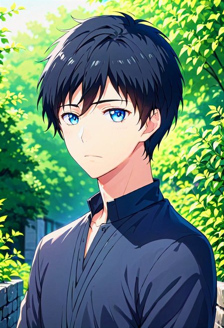 high resolution, solo, best quality, 1Boy, Arata Kaziaki, Black Hair, Blue Eyes, portraits, proud, outdoor, Half Body, Depth Of Field,