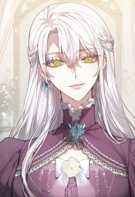 highly detailed, masterpiece, score_9,score_8_up,score_7_up, (manhwa artstyle),  Charlize Rienta, White hair, Green eyes, Hair between eyes, Long hair, cowboy shot, high quality, high quality eyes, EyesHD, looking at viewers, front view, seductive smile
